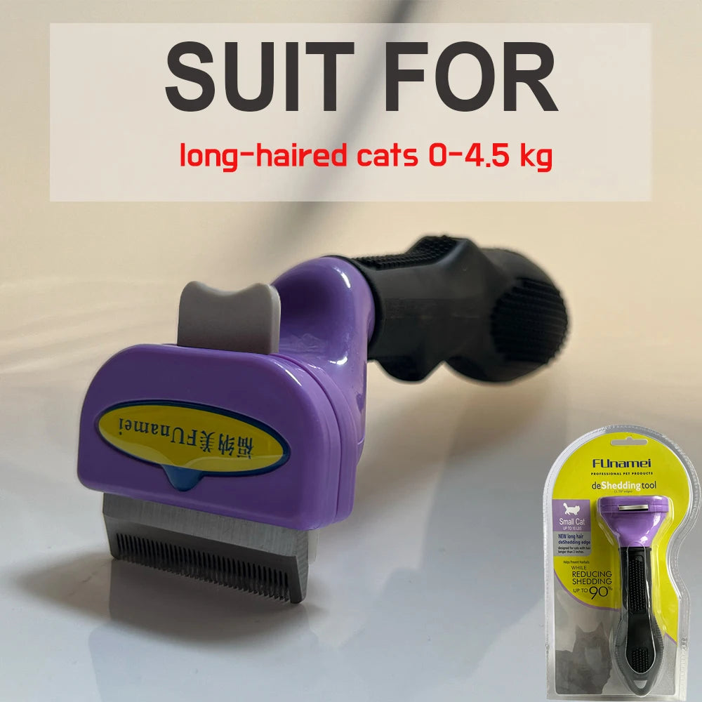 Purple and black de-shedding tool for small long-haired cats, featuring a metal blade and ergonomic grip.