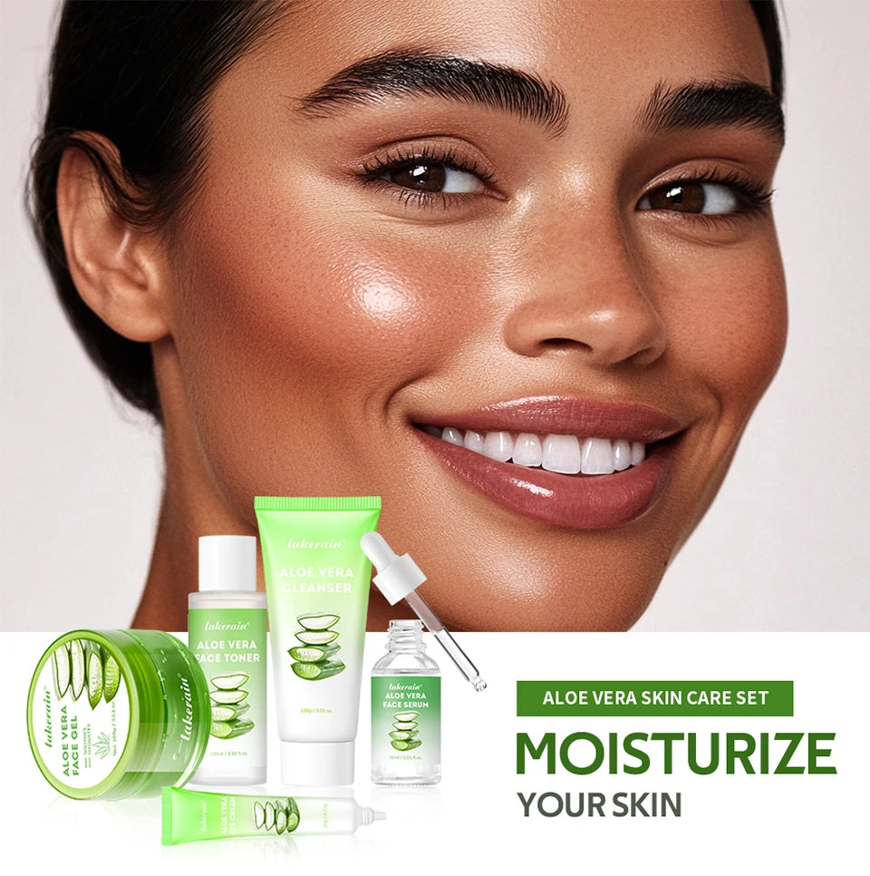 Aloe vera skincare set including face gel, toner, cleanser, serum, and eye cream for hydrated, glowing skin.