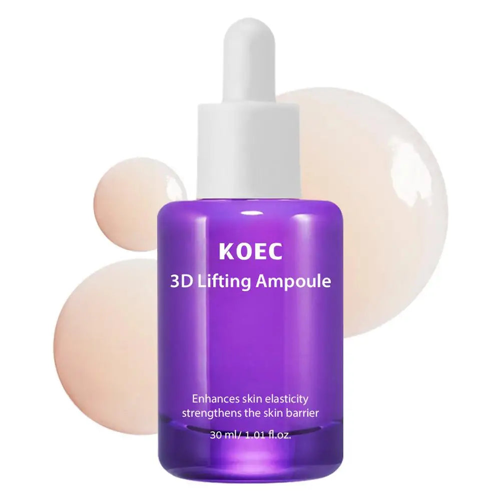 Purple glass 3D lifting ampoule bottle with a white dropper cap, designed to improve skin elasticity and the barrier.
