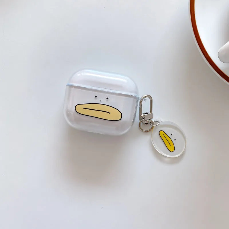 Clear plastic AirPods case featuring a duck-face design with a matching keyring charm.