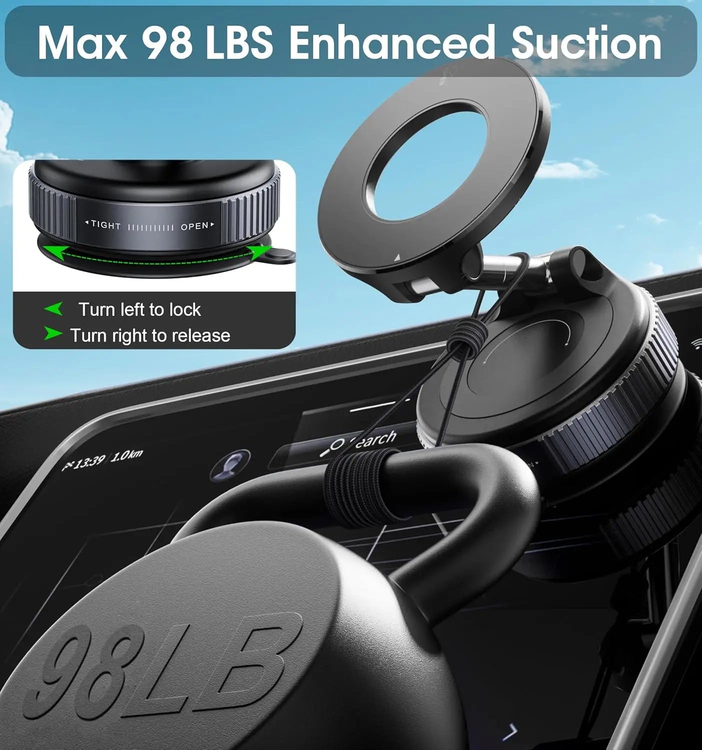 Black, sleek, heavy-duty suction phone mount with locking mechanism, shown supporting a 98lb weight in a car.