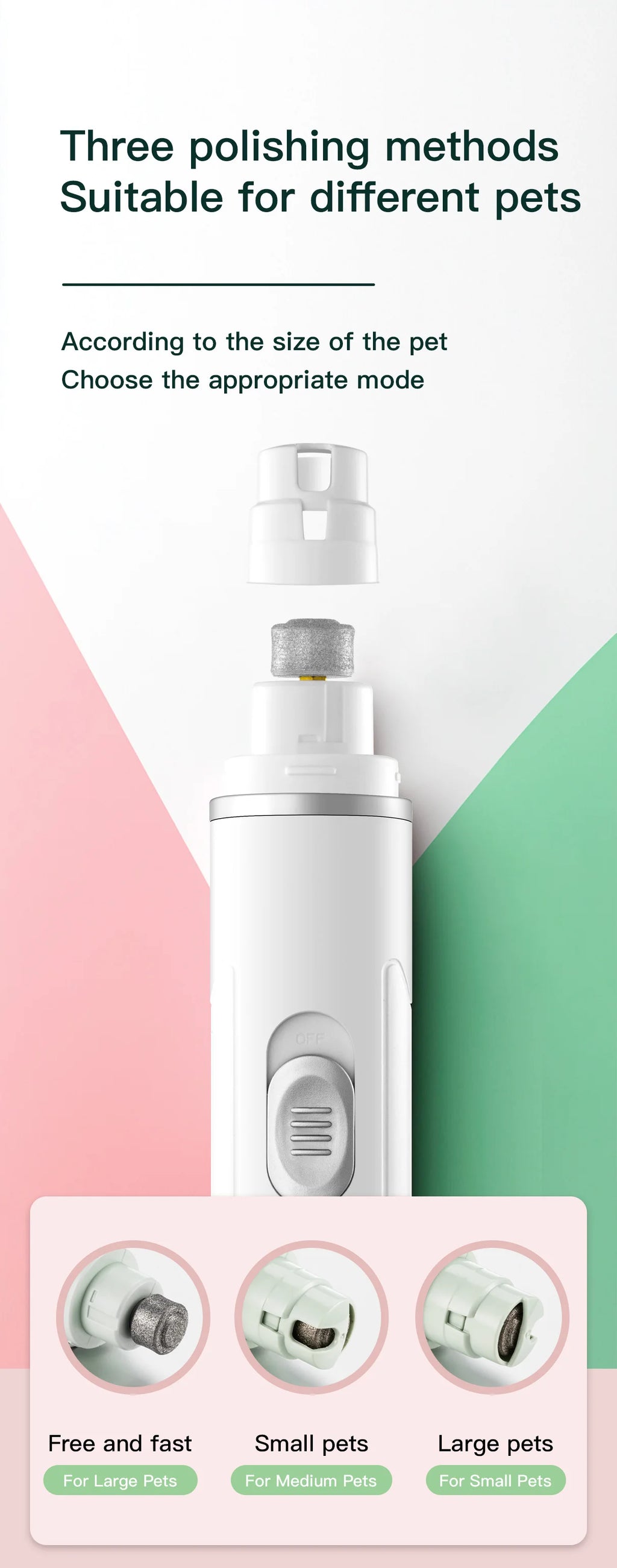 White electric pet nail grinder with three interchangeable heads for different pet sizes, plus rechargeable design.