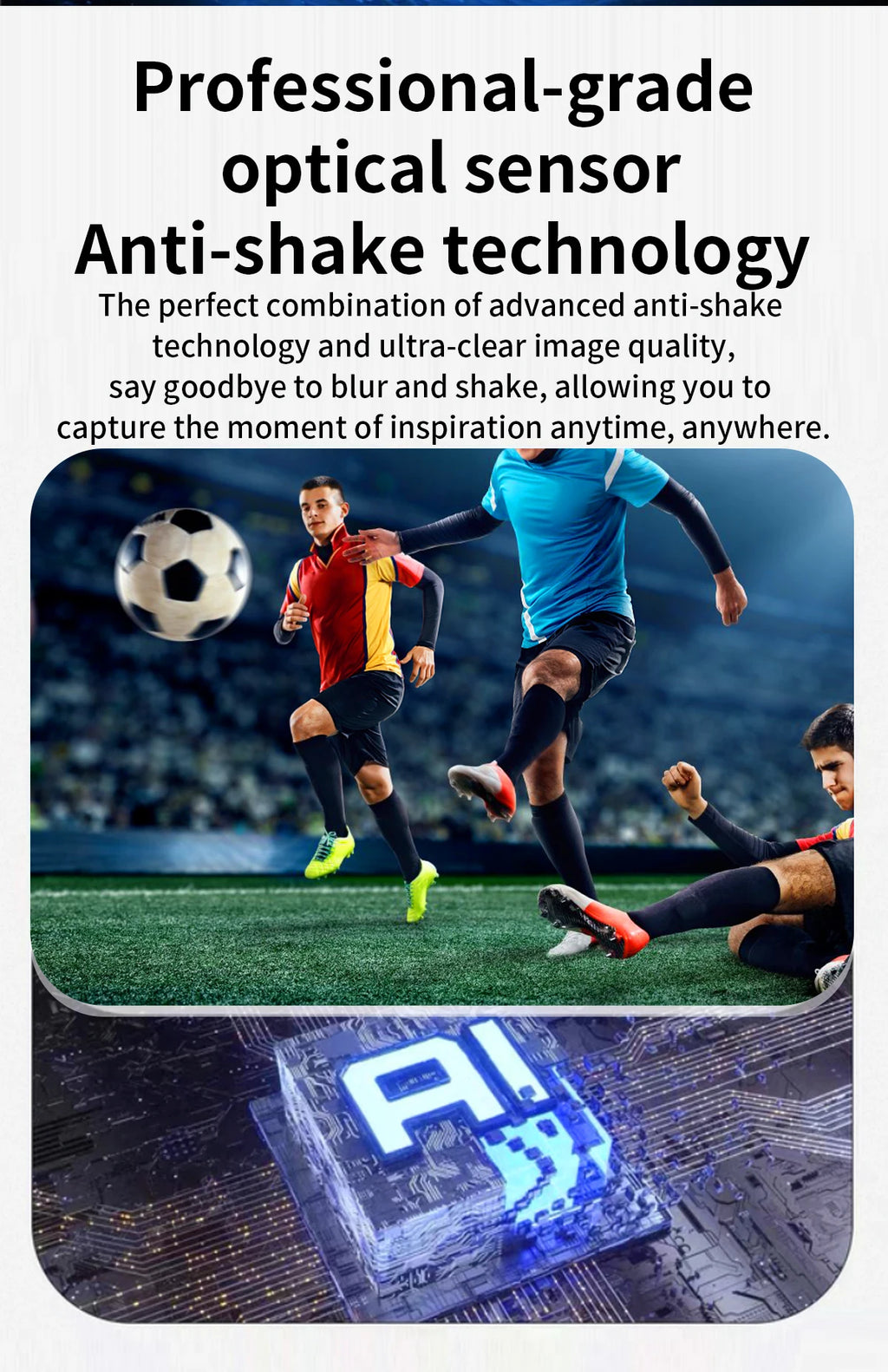Sleek AI smart glasses feature anti-shake camera technology, shown here capturing dynamic football action on the pitch.