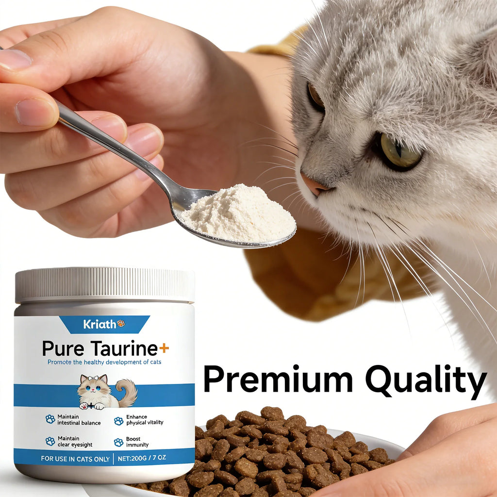 A white tub of pure taurine cat supplement powder, shown with a spoonful of the powder and a curious grey cat.