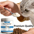 A white tub of pure taurine cat supplement powder, shown with a spoonful of the powder and a curious grey cat.
