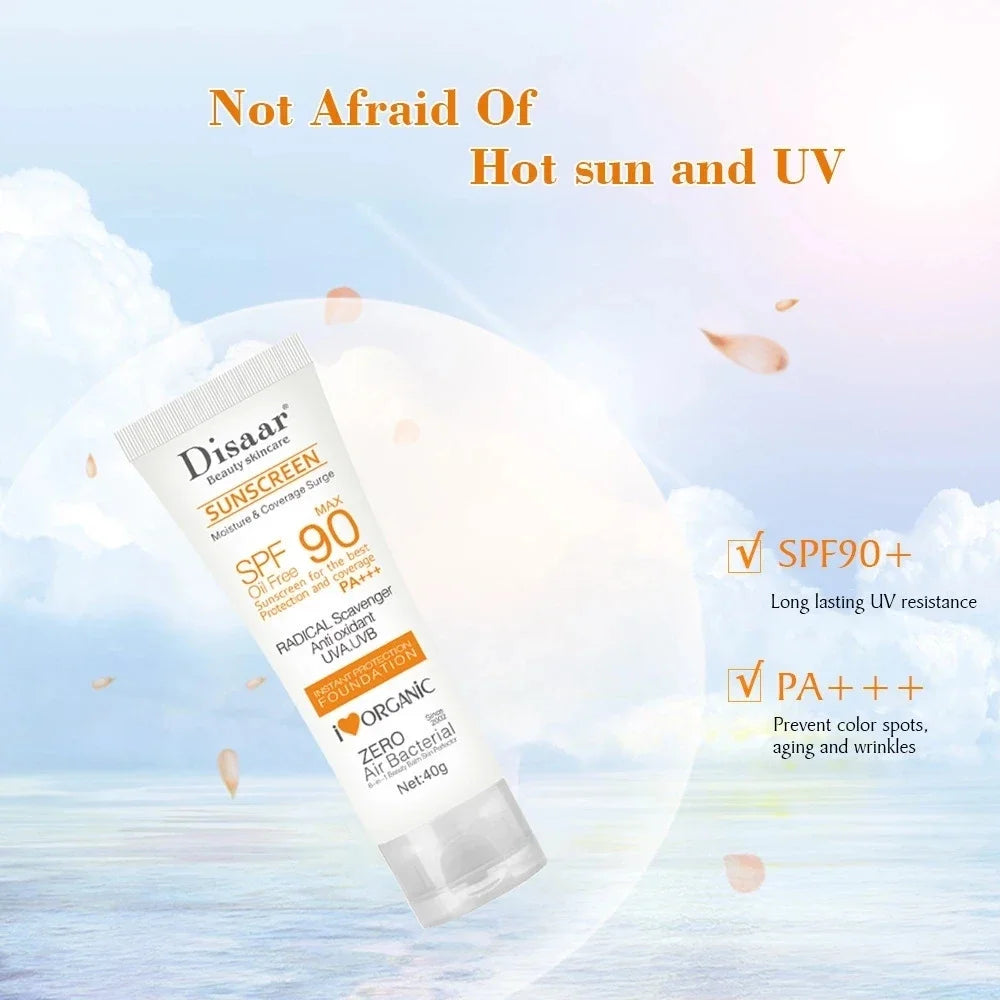 40g tube of oil-free, organic SPF90+ sunscreen foundation providing UVA/UVB protection against sun damage and aging.