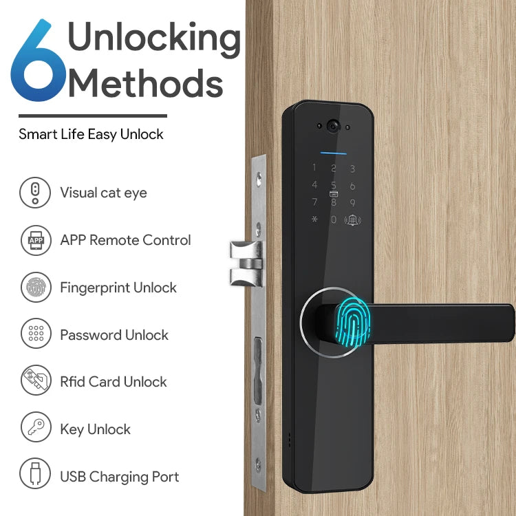 Sleek black smart door lock with integrated camera, touchscreen keypad, fingerprint sensor, and six unlocking methods.