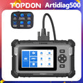 Topdon ArtiDiag500 black and grey OBD2 car diagnostic scanner with touchscreen, physical buttons, and diagnostic cable.