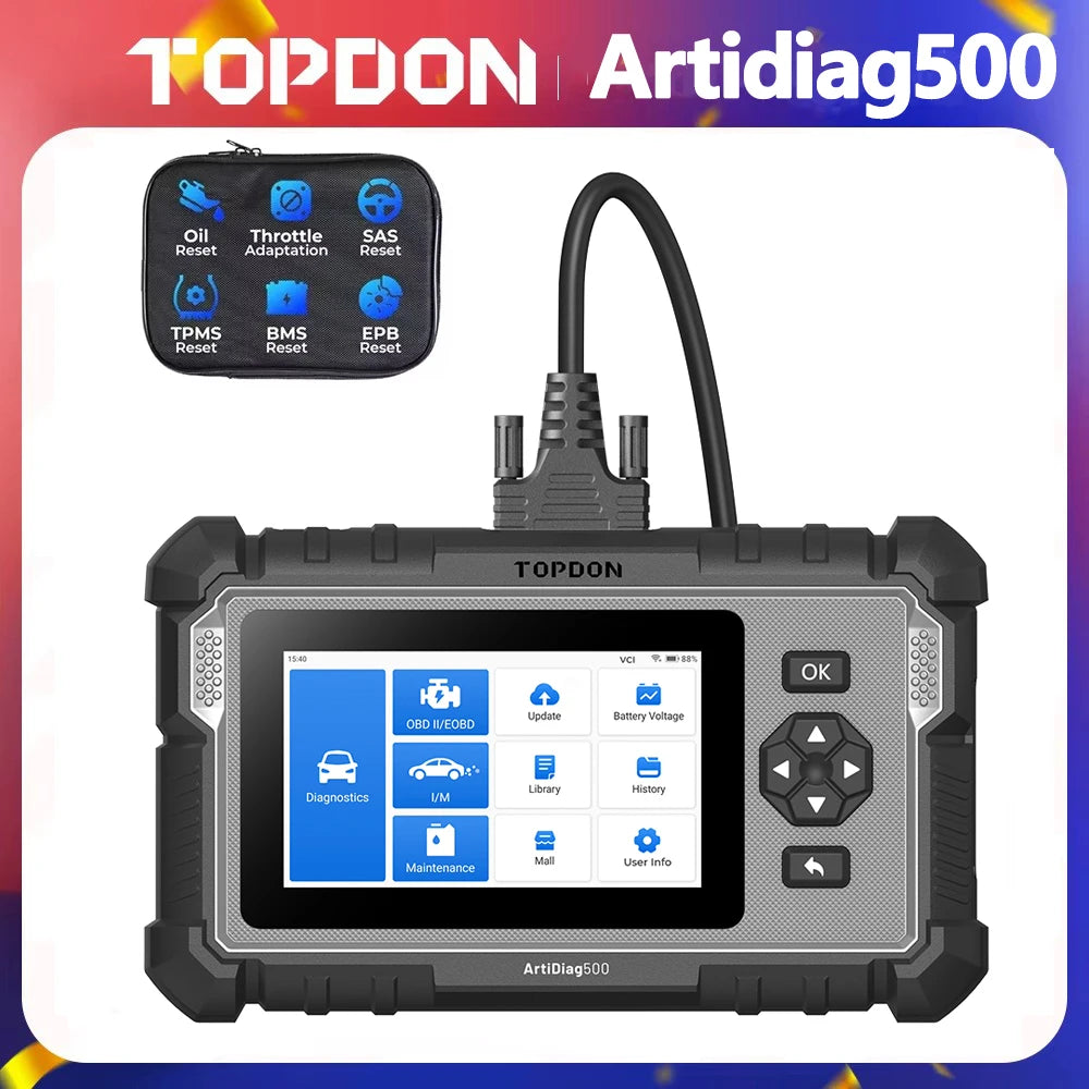 Topdon ArtiDiag500 black and grey OBD2 car diagnostic scanner with touchscreen, physical buttons, and diagnostic cable.