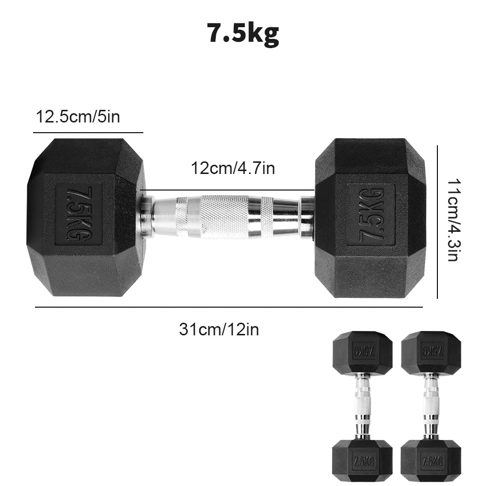 Two black 7.5kg hexagonal dumbbells with textured silver metal grip handles and dimensional measurement overlays.