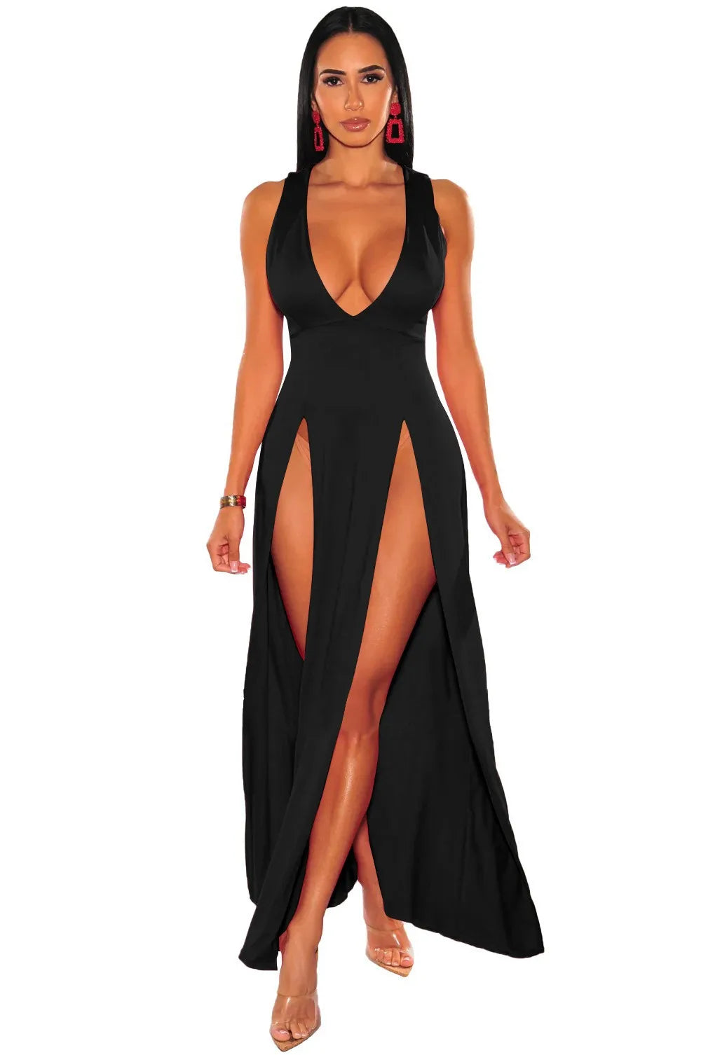 Black sleeveless long maxi dress with a deep V-neck and dual high thigh slits worn by a model.