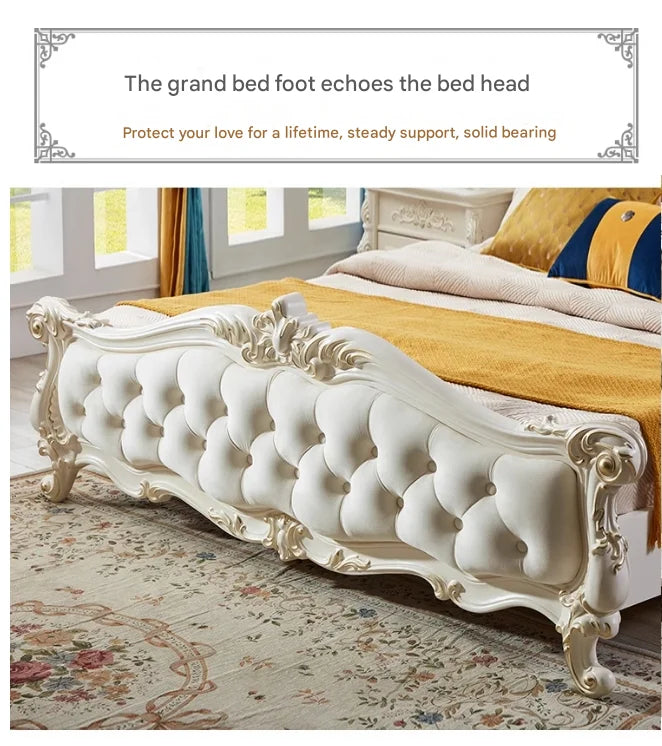 Luxury white bed frame with ornate carved details, tufted upholstery, and matching curved headboard and footboard.