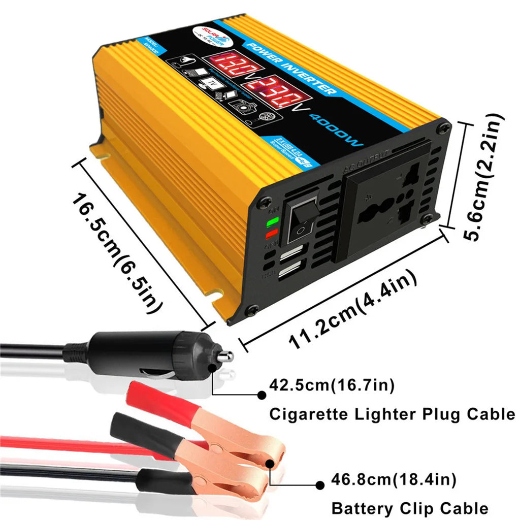 Yellow 4000W DC to AC power inverter with a digital display, power switch, USB ports, socket, and included cables.