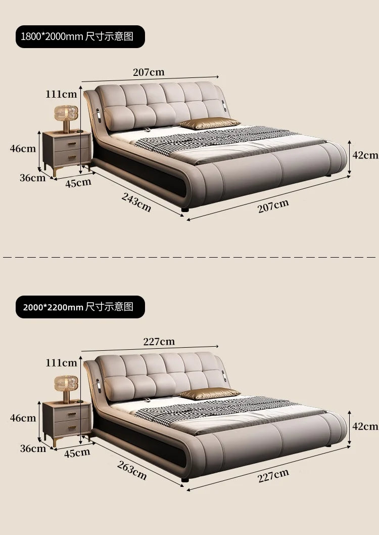 Modern grey genuine leather bed frame with a button-tufted headboard and matching bedside table, shown with dimensions.