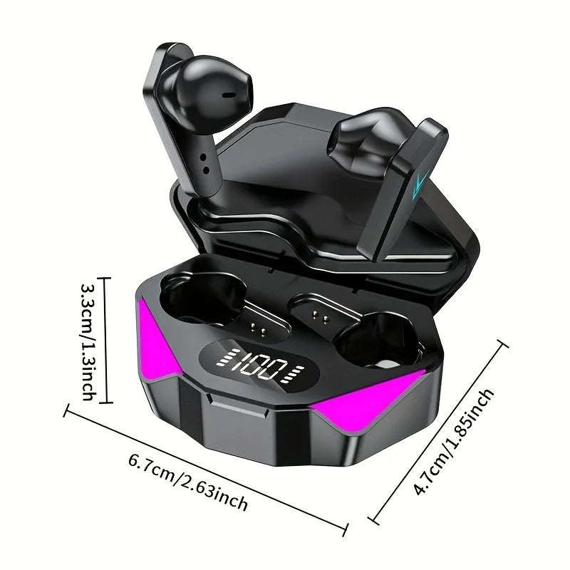 Black wireless gaming earbuds in a charging case with a digital battery display and pink LED accents.