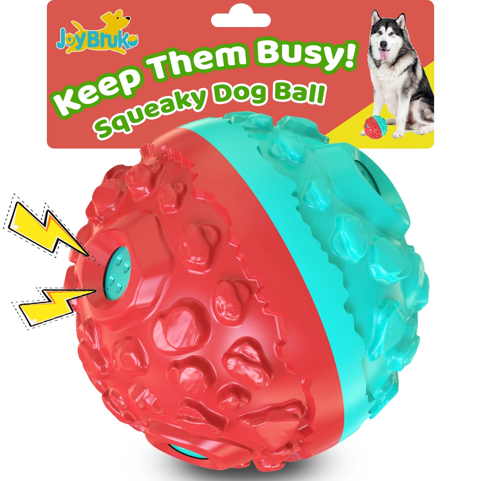 Red and teal textured interactive giggle ball for dogs, featuring a bumpy surface and squeaky sound holes.