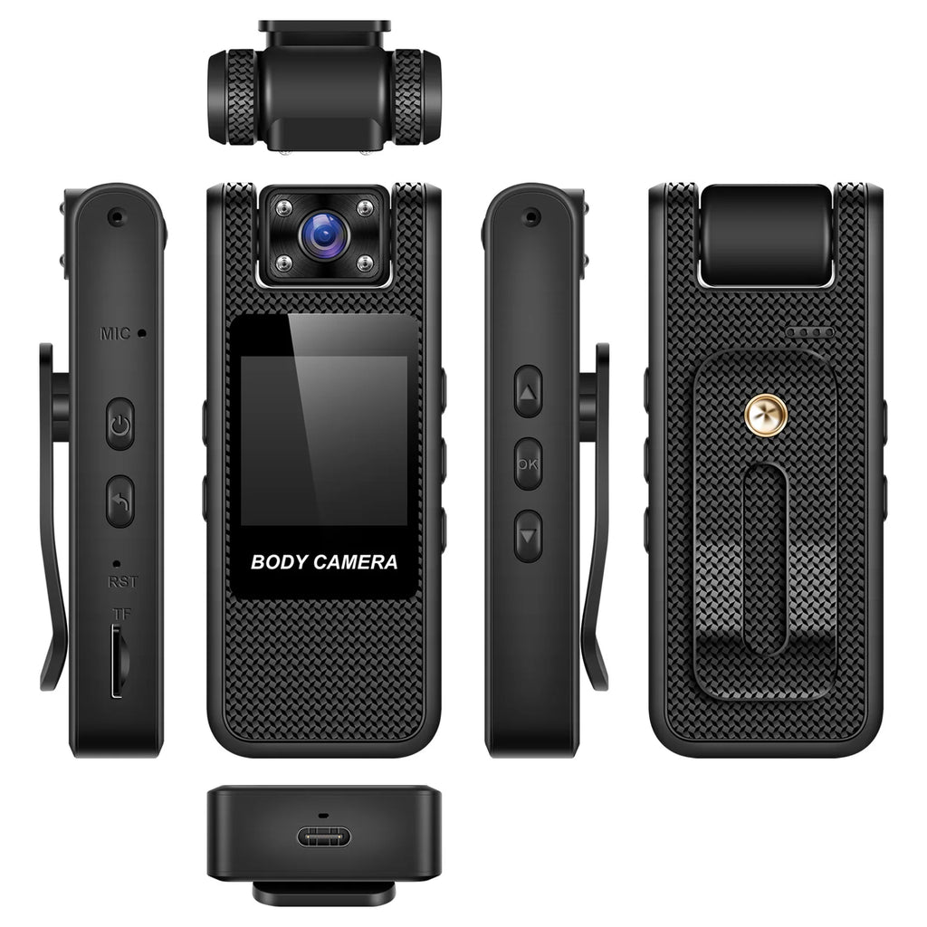 Black plastic body camera with carbon fiber texture, screen, lens, buttons, charging port, and back clip.