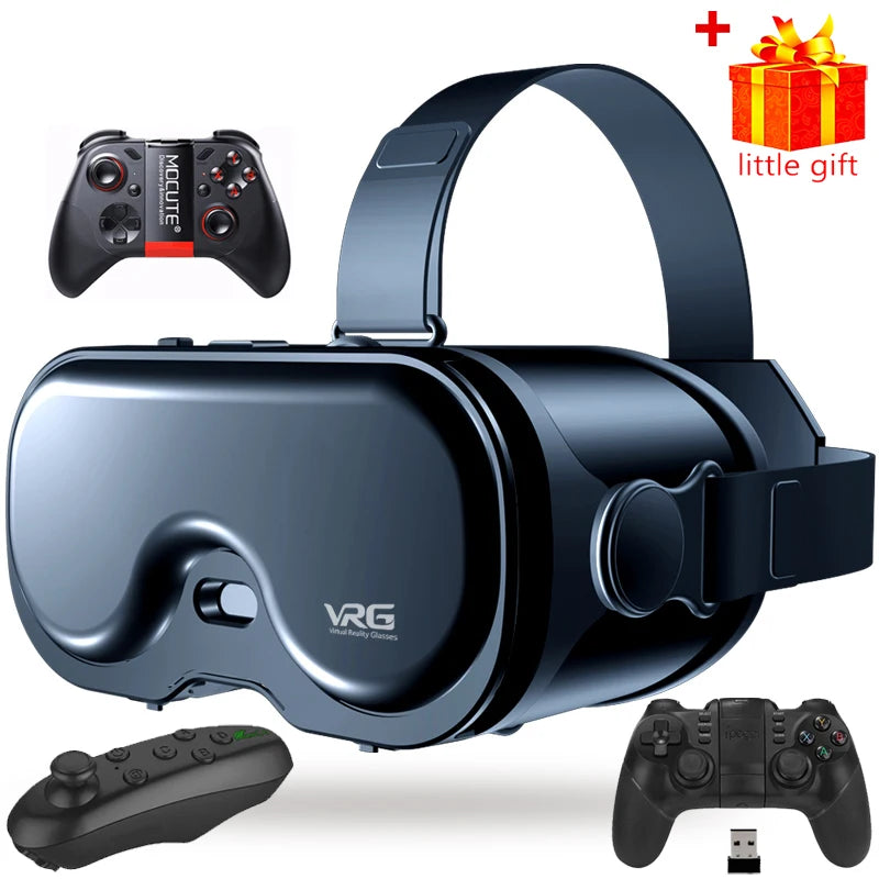 Glossy dark blue VR headset with adjustable head straps, accompanied by a game controller and remote.
