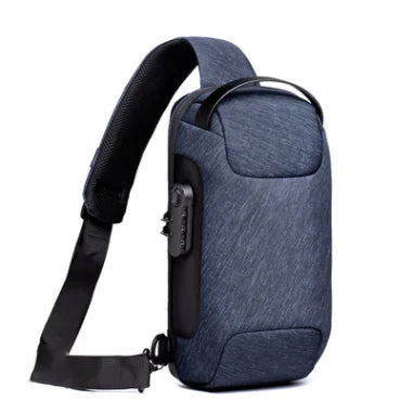 Blue anti-theft crossbody chest bag with integrated USB port, security lock, and adjustable padded shoulder strap.