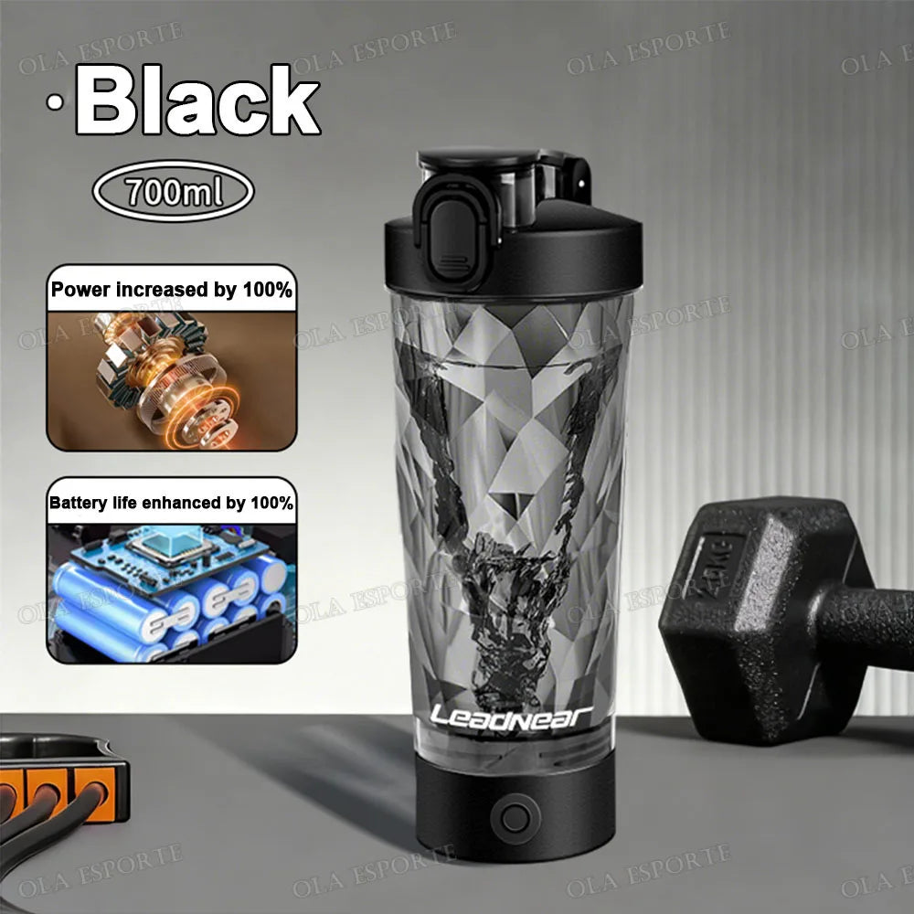 Black 700ml electric protein shaker bottle with a faceted geometric design and a black motor base.