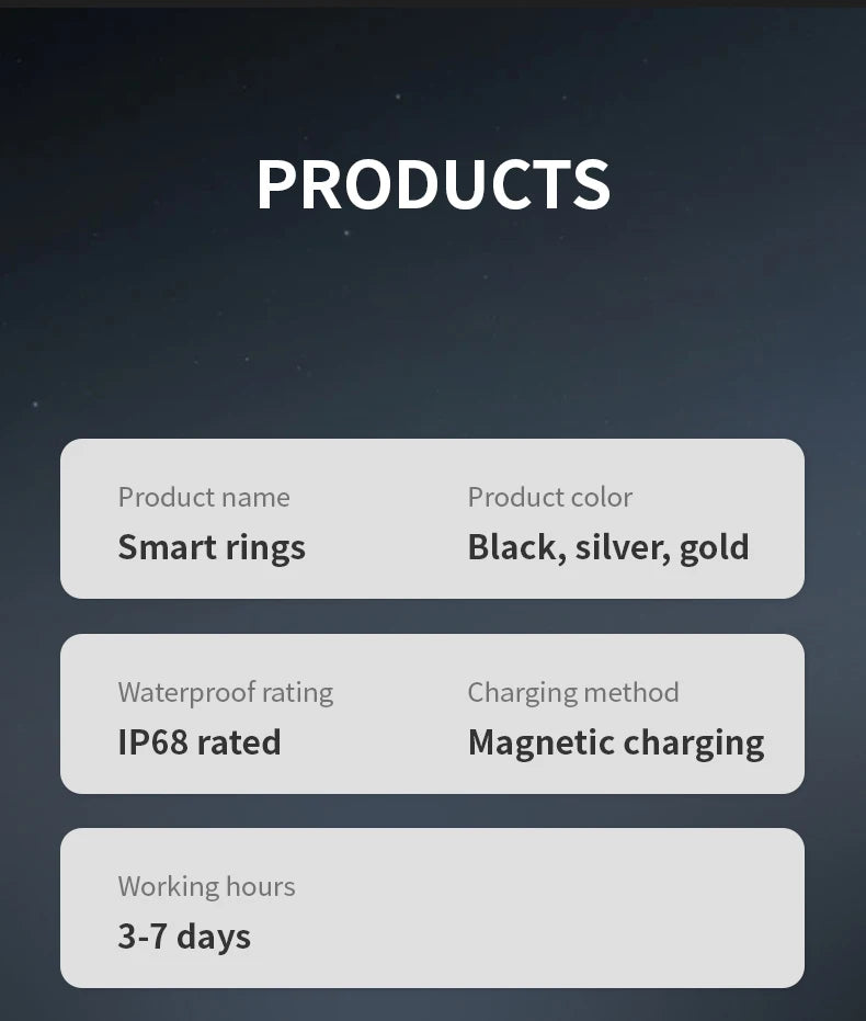 Smart health rings available in black, silver, and gold. Features IP68 waterproofing, magnetic charging, 3–7 day battery.