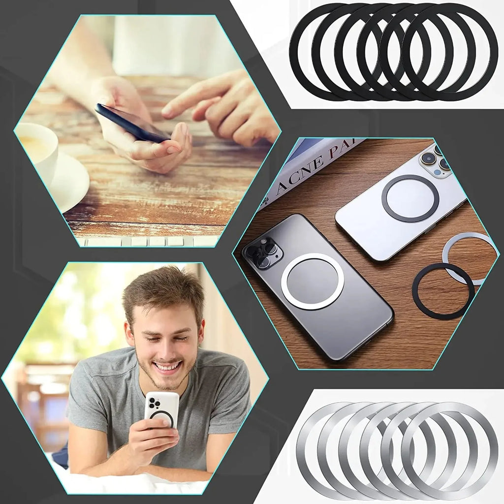 Adhesive metal rings for phone cases in black and silver, shown attached to smartphones and in stacked sets.