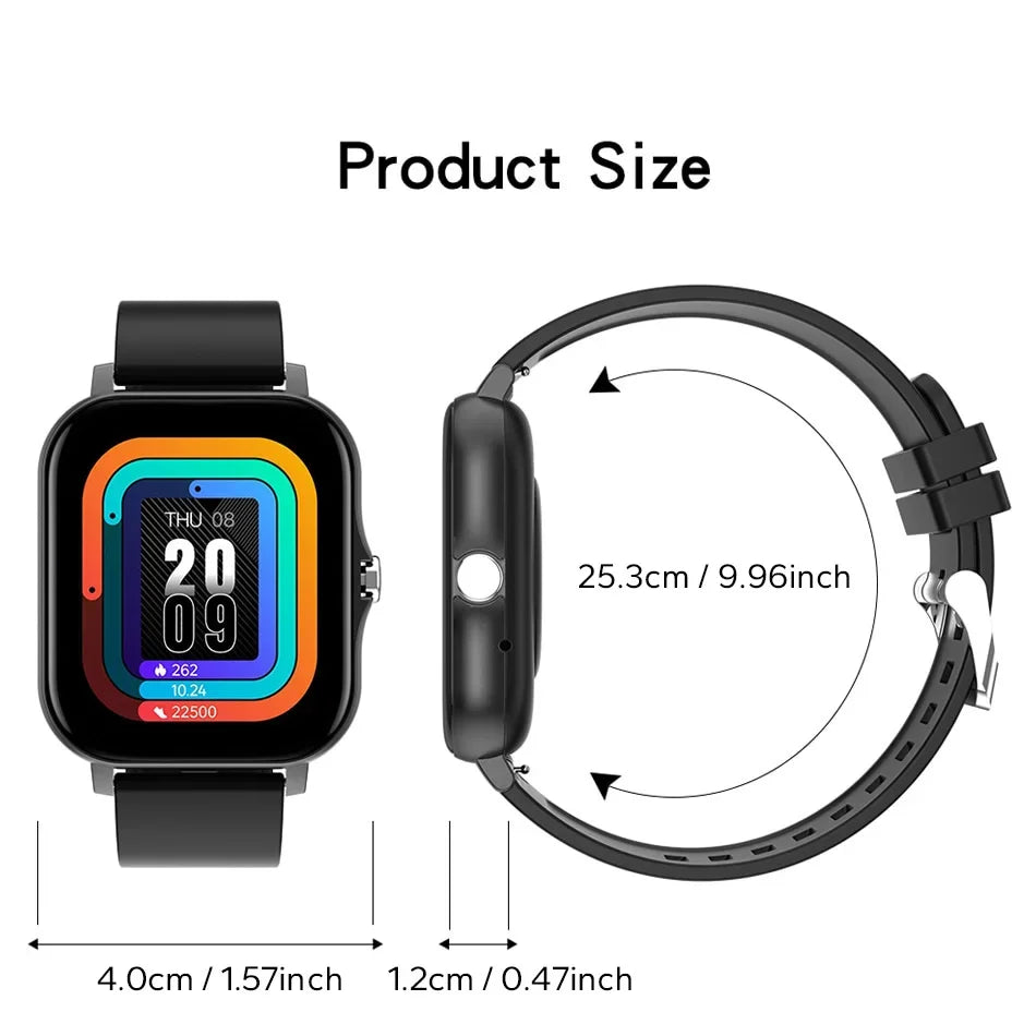 Black smartwatch with a square touchscreen, showing dimensions of 4cm width and 1.2cm depth with a 25.3cm strap.