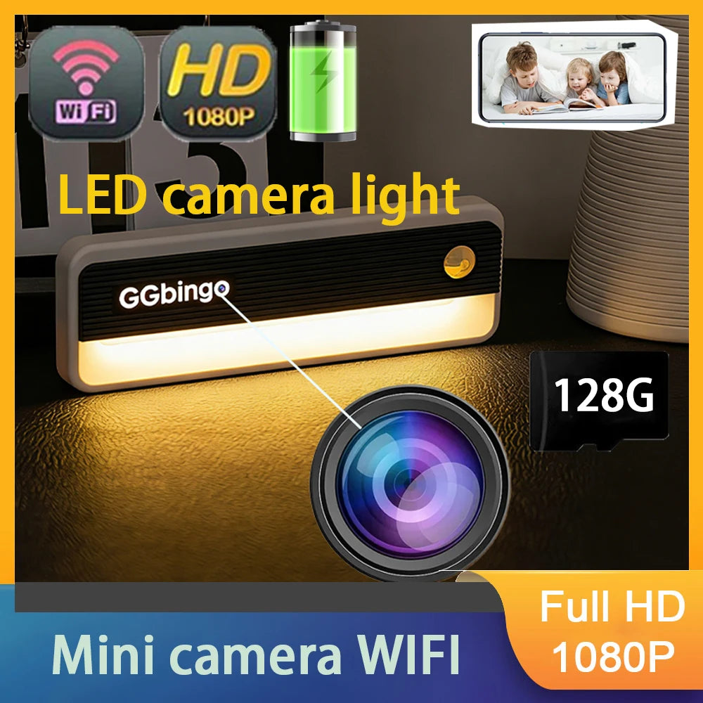 Black and white plastic LED light with integrated 1080p Wi-Fi mini security camera and 128GB storage card slot.