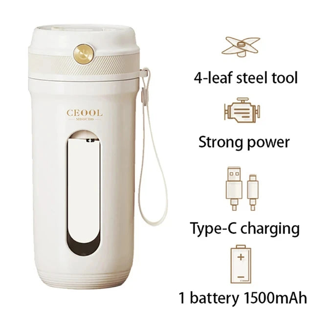 Cream-colored portable electric blender with 4-leaf blade, gold power button, wrist strap, and Type-C charging.