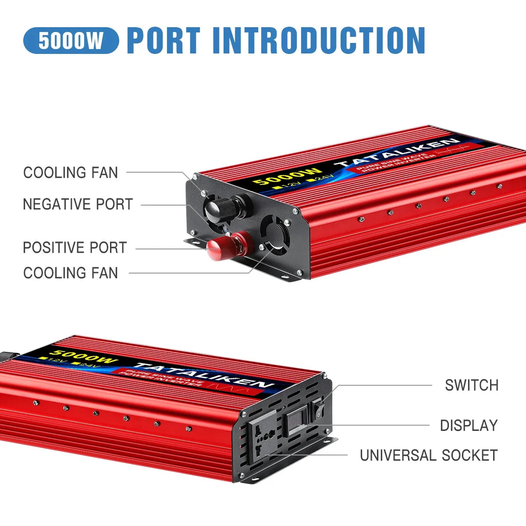 Red 5000W DC to AC power inverter showing positive/negative ports, cooling fans, universal socket, switch, and display.