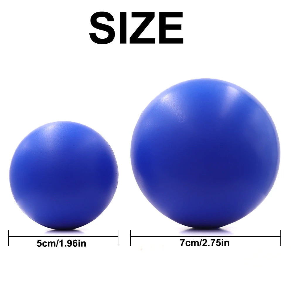 Two blue stress balls shown for size comparison, measuring 5cm and 7cm in diameter.