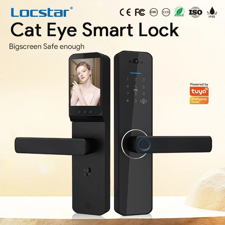 Black smart electronic door lock with integrated camera, digital keypad, fingerprint scanner and internal display screen.