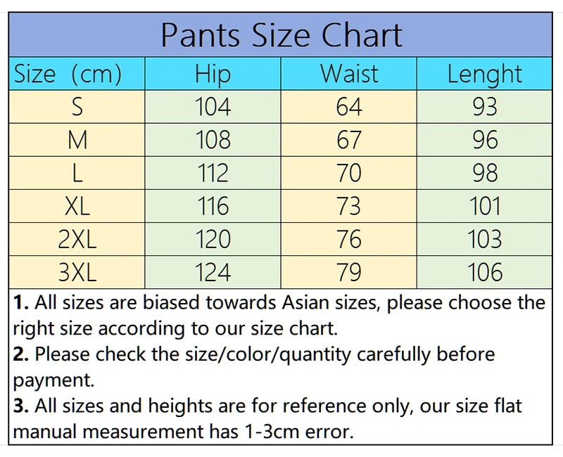 Pants size guide table showing measurements in cm for sizes S to 3XL, with helpful fitting notes.