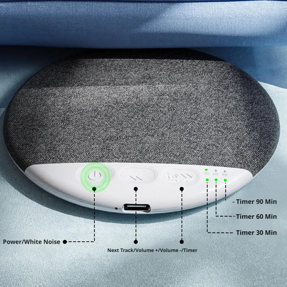Grey fabric-covered wireless sleep speaker with a white control panel featuring power, volume, and sleep timer settings.
