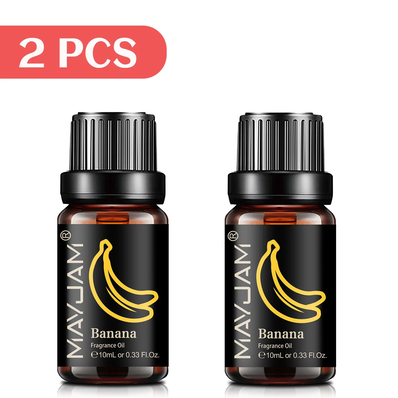 Two 10ml amber glass bottles of banana scented fragrance oil with black caps and banana-illustrated black labels.