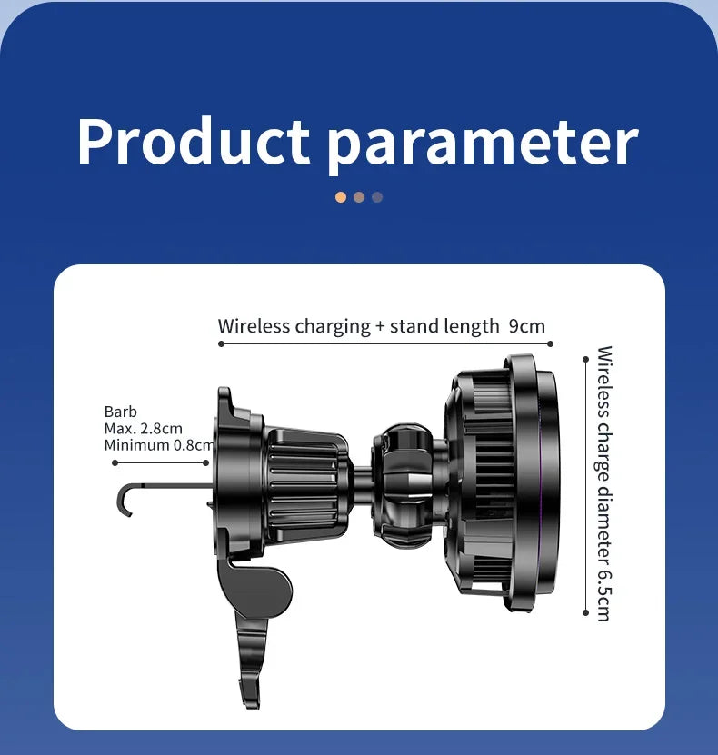 Black wireless car charger mount with an adjustable hook clip and technical dimensions displayed.