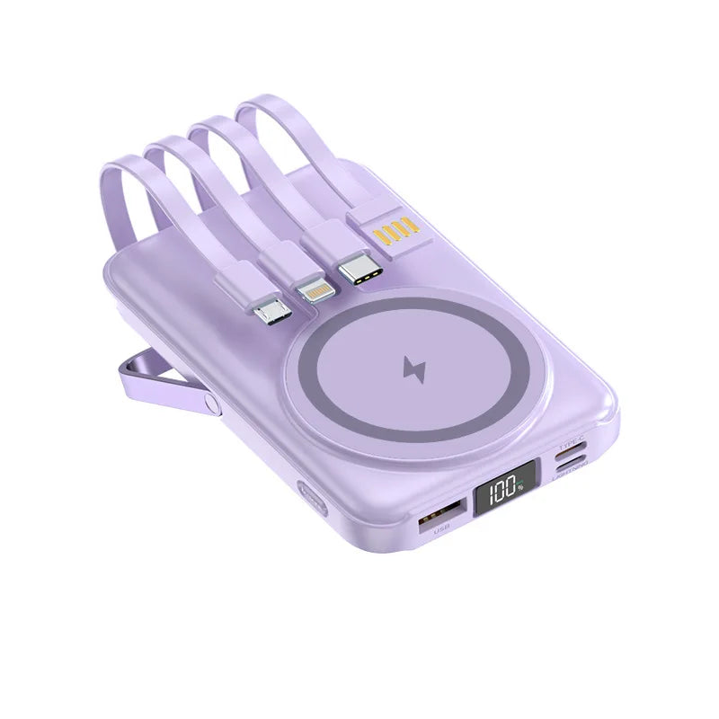 Lilac 20000mAh magnetic power bank with integrated cables, fold-out stand, and a digital battery percentage display.