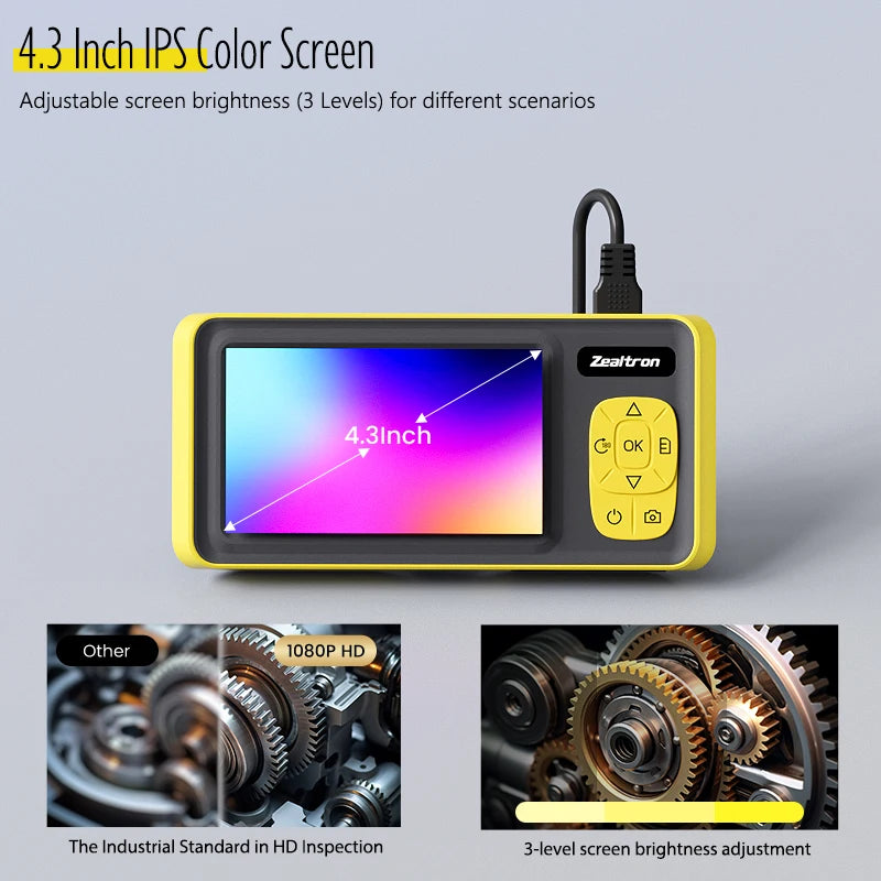 Yellow handheld waterproof inspection camera with 4.3-inch colour screen, control buttons, and HD display comparison.