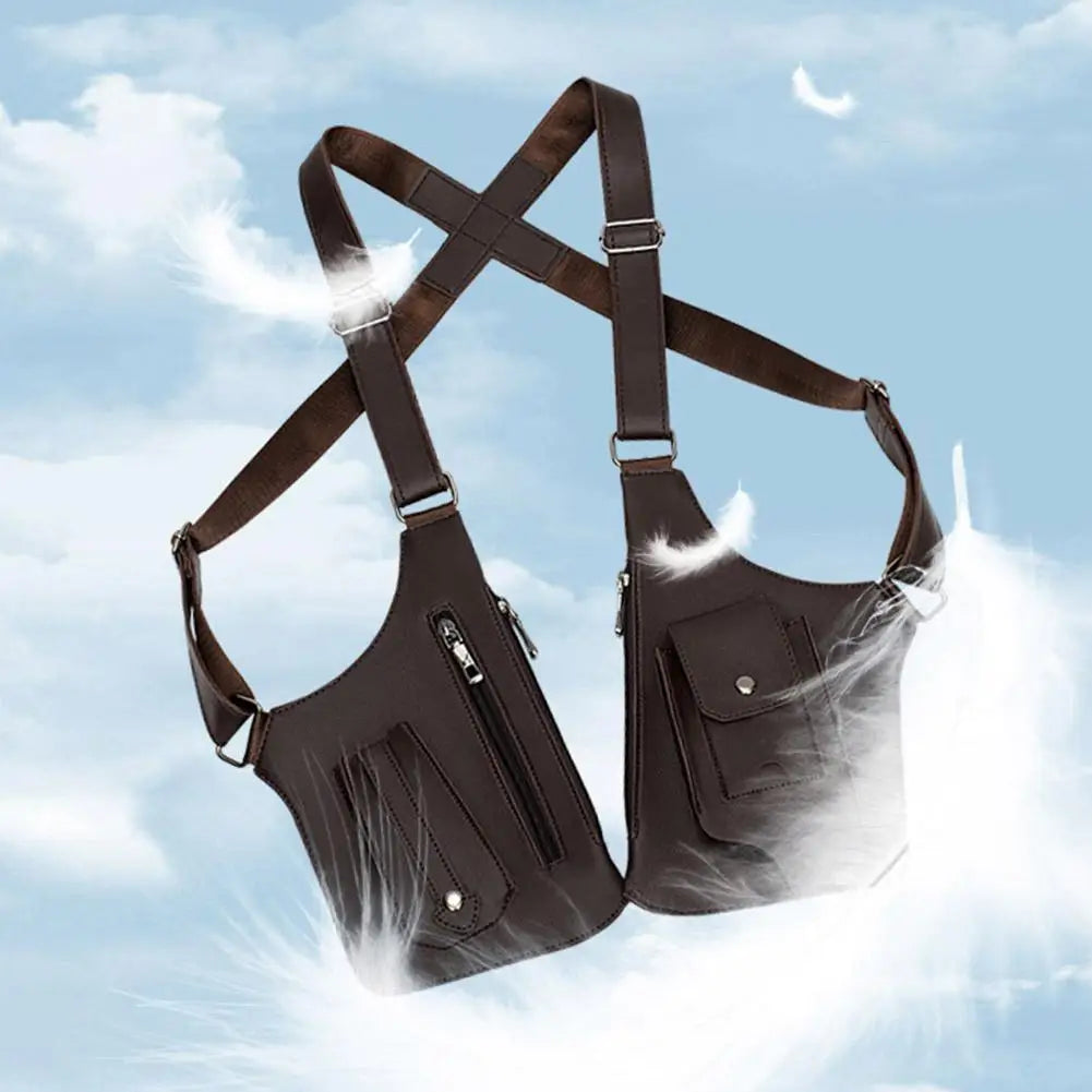 Dark brown leather-style tactical holster bag with adjustable straps, zip and pouch pockets, floating against a sky.