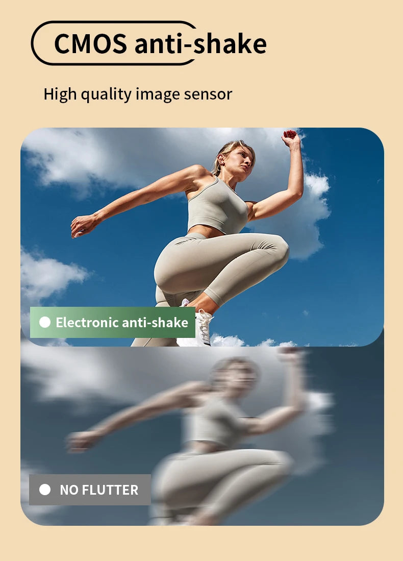 A comparison image showing a sharp versus blurry photo of a woman in a grey athletic outfit, highlighting CMOS sensor.