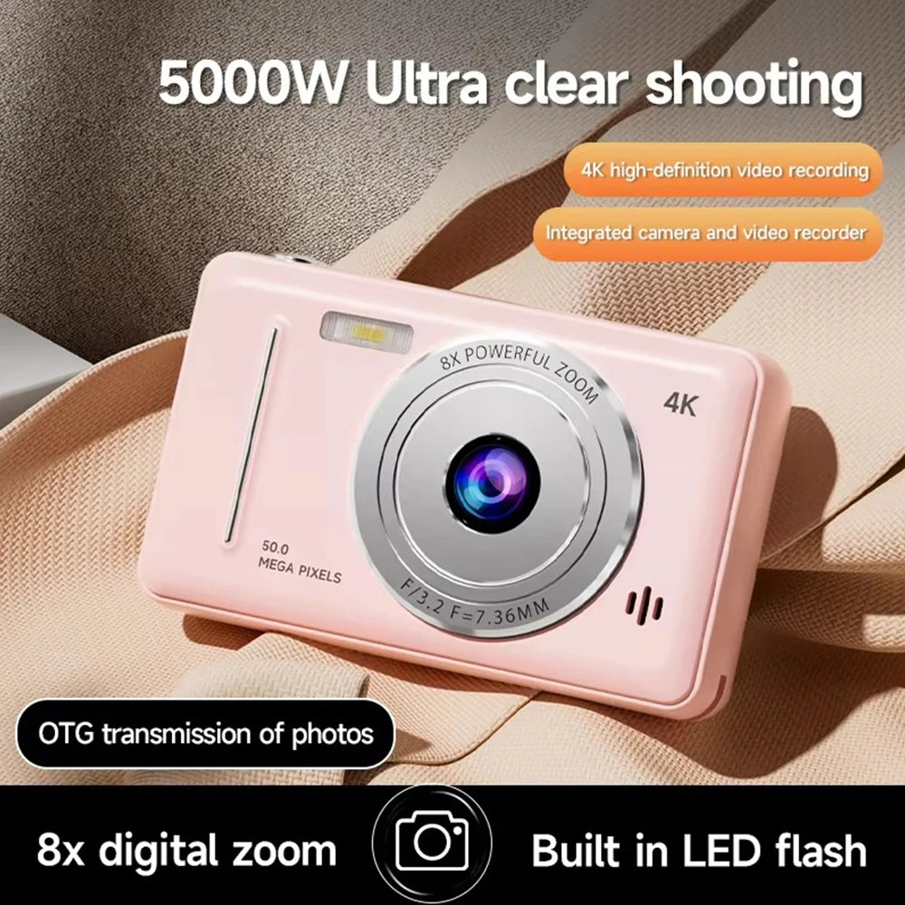 Pink plastic 4K digital camera with 8x zoom, 50MP lens, integrated LED flash, and OTG transmission capabilities.