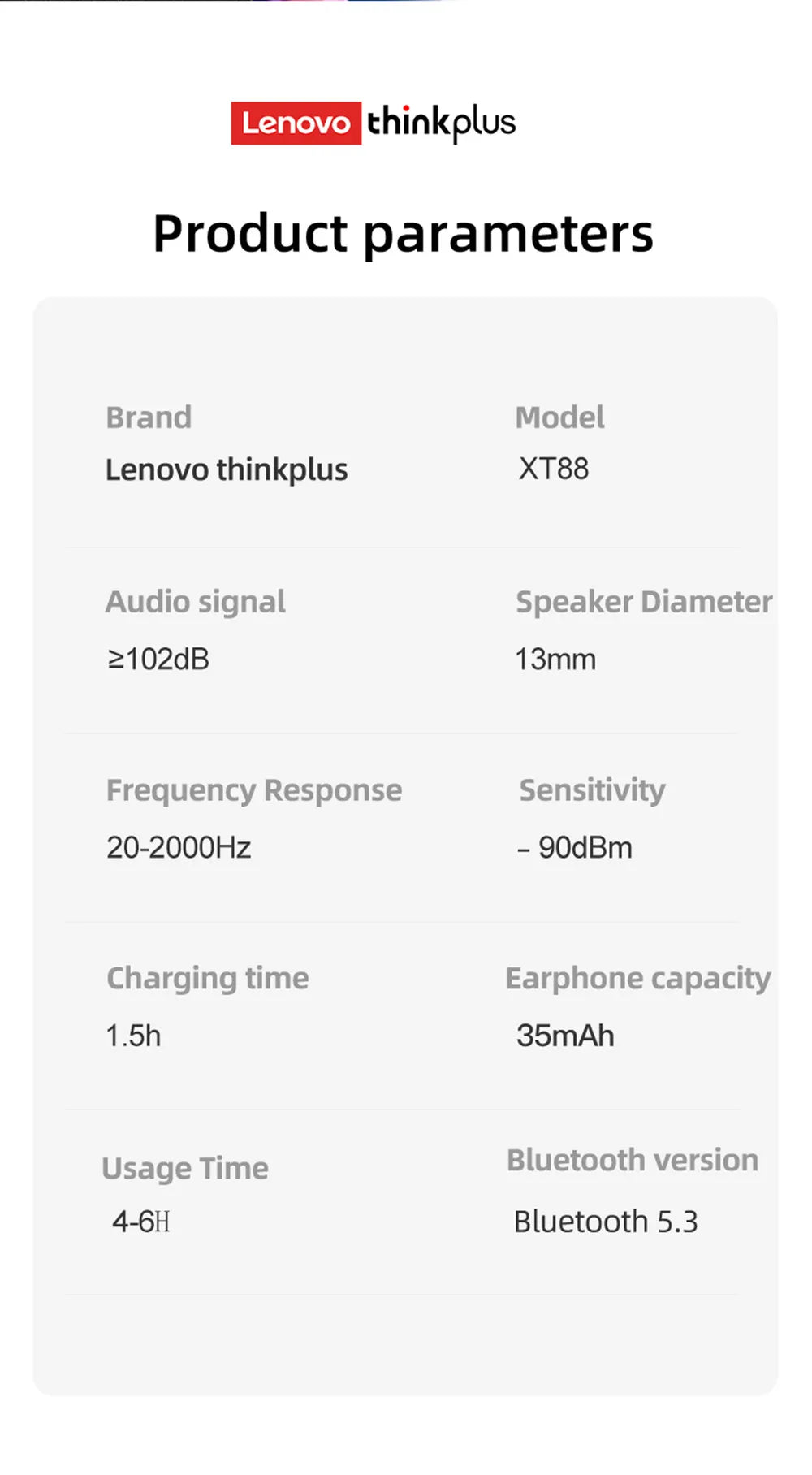 White infographic showing technical specifications for wireless earbuds in a clean, minimalist, light grey layout.