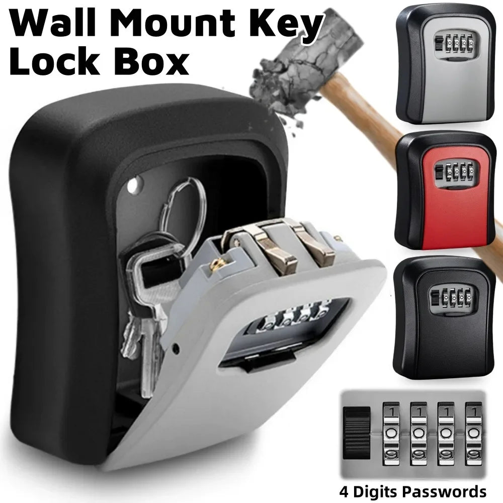 Wall-mounted metal key lock box with a 4-digit combination dial, available in black, grey, or red.