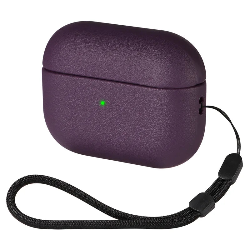 Purple textured AirPods Pro case with a black lanyard strap.