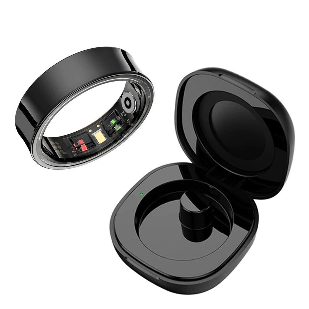 Sleek black smart health ring with internal sensors, shown alongside its open portable charging case.