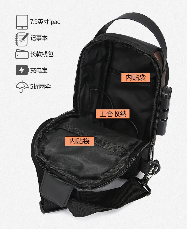 Black men’s anti-theft crossbody sling bag, open to show spacious interior compartments and built-in USB charging port.
