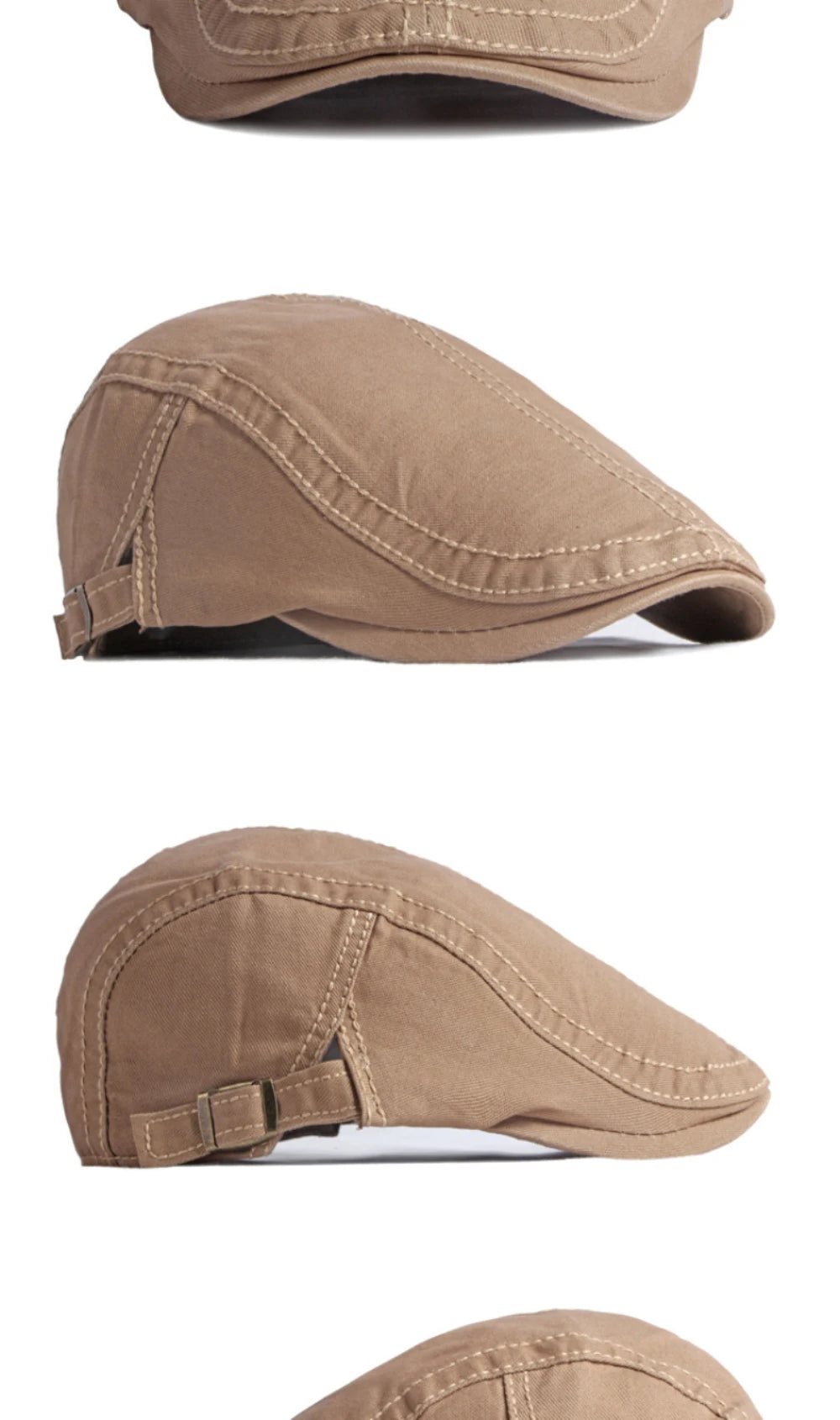 Beige cotton flat cap with structured stitching and an adjustable side buckle strap. Shown from multiple angles.