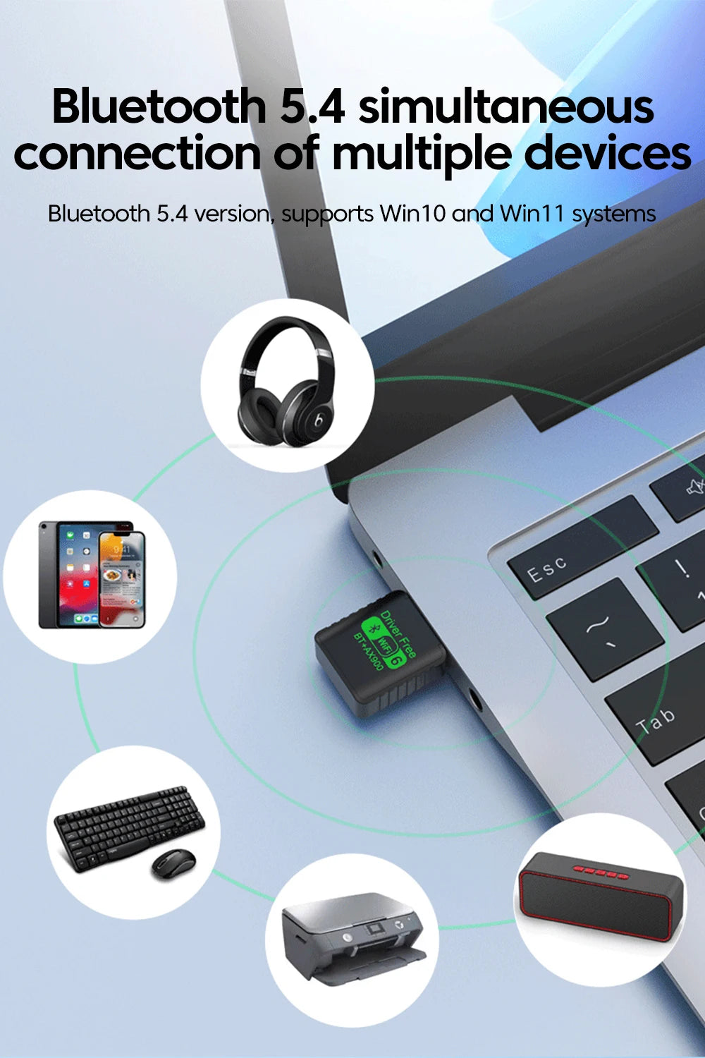 Compact black WiFi 6 and Bluetooth 5.4 USB adapter plugged into a laptop, connecting multiple wireless devices.