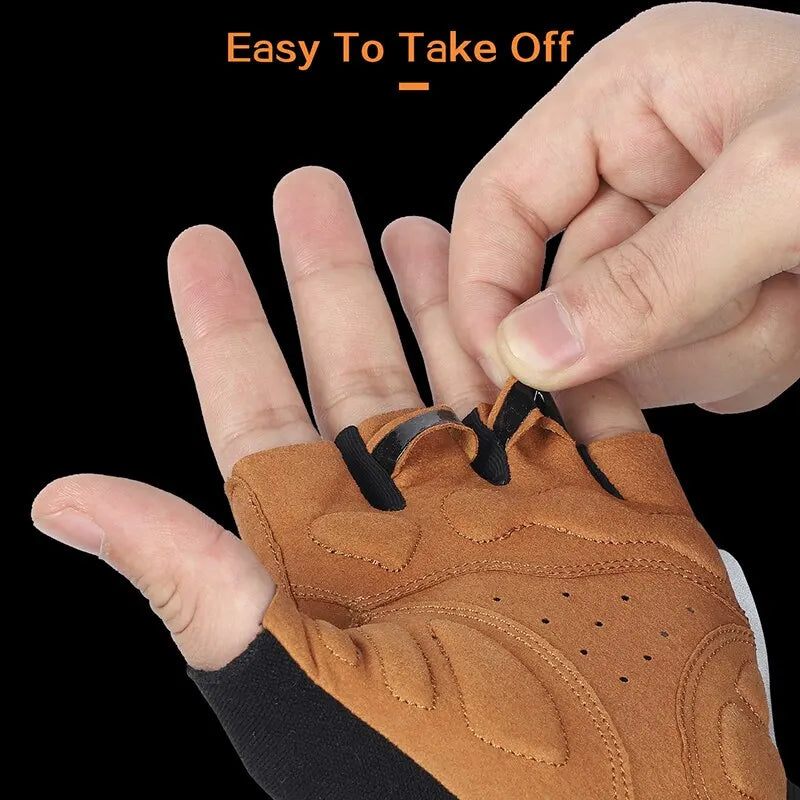 Tan cycling glove with padded palm, finger pull tabs, and breathable ventilation holes for easy removal.