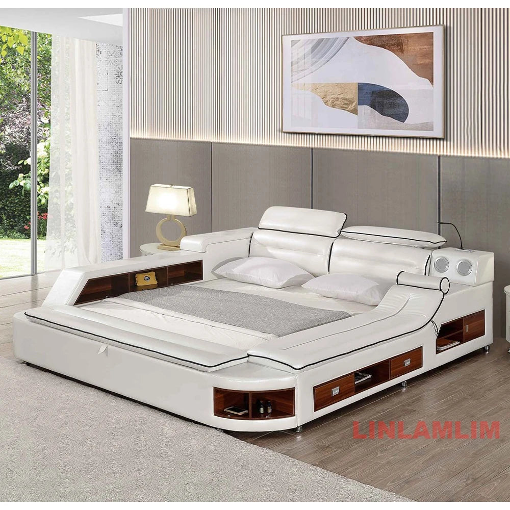 Modern white leather platform bed with integrated storage shelves, drawers, and built-in bedside speakers.